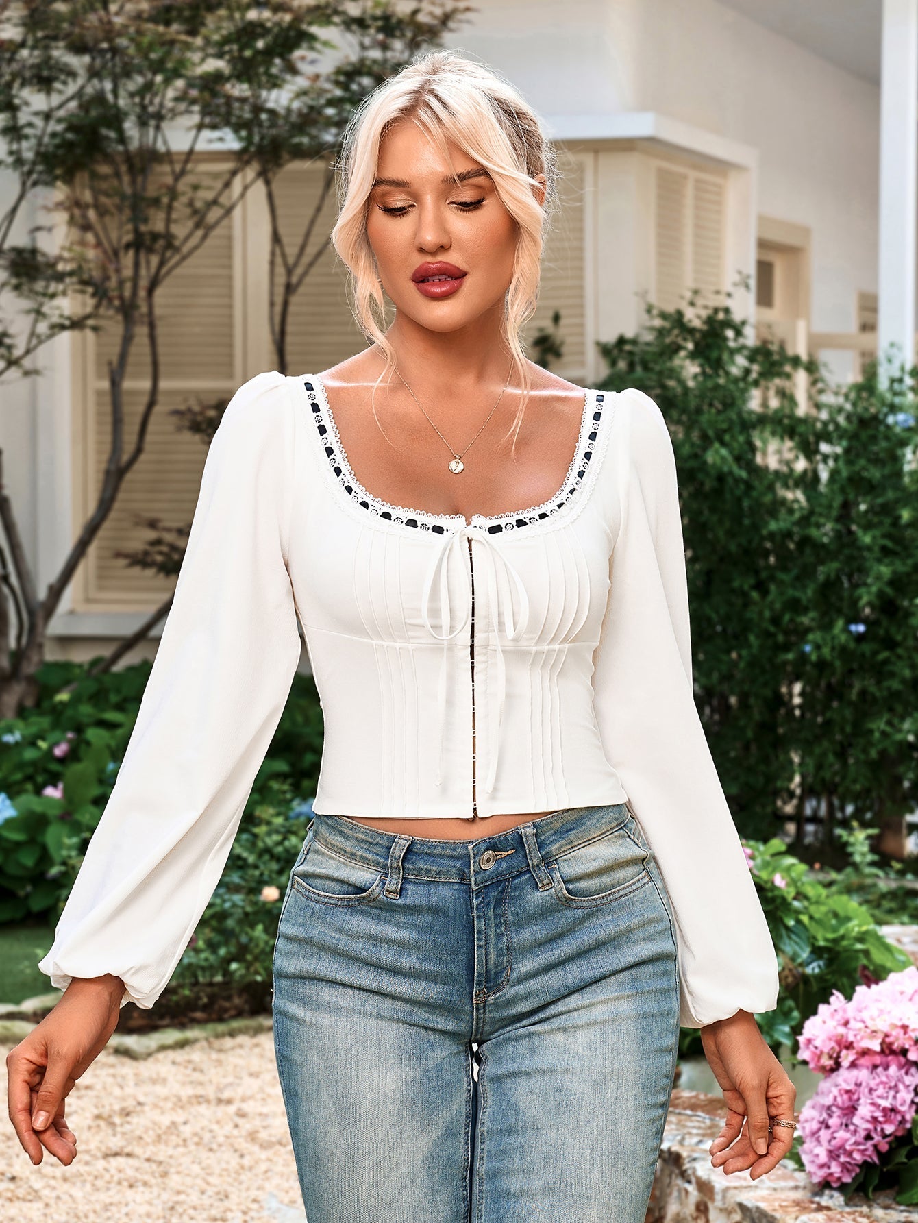 White square neck lace tie top with puff sleeves - View 6 | WEUXS