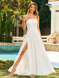 Crisscross Tie Strapless Back Split Thigh Solid Dress#color_white