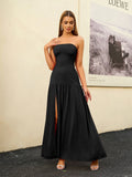 Crisscross Strapless Tie Back Split Thigh Solid Dress#color_black