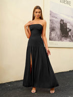 Crisscross Strapless Tie Back Split Thigh Solid Dress#color_black