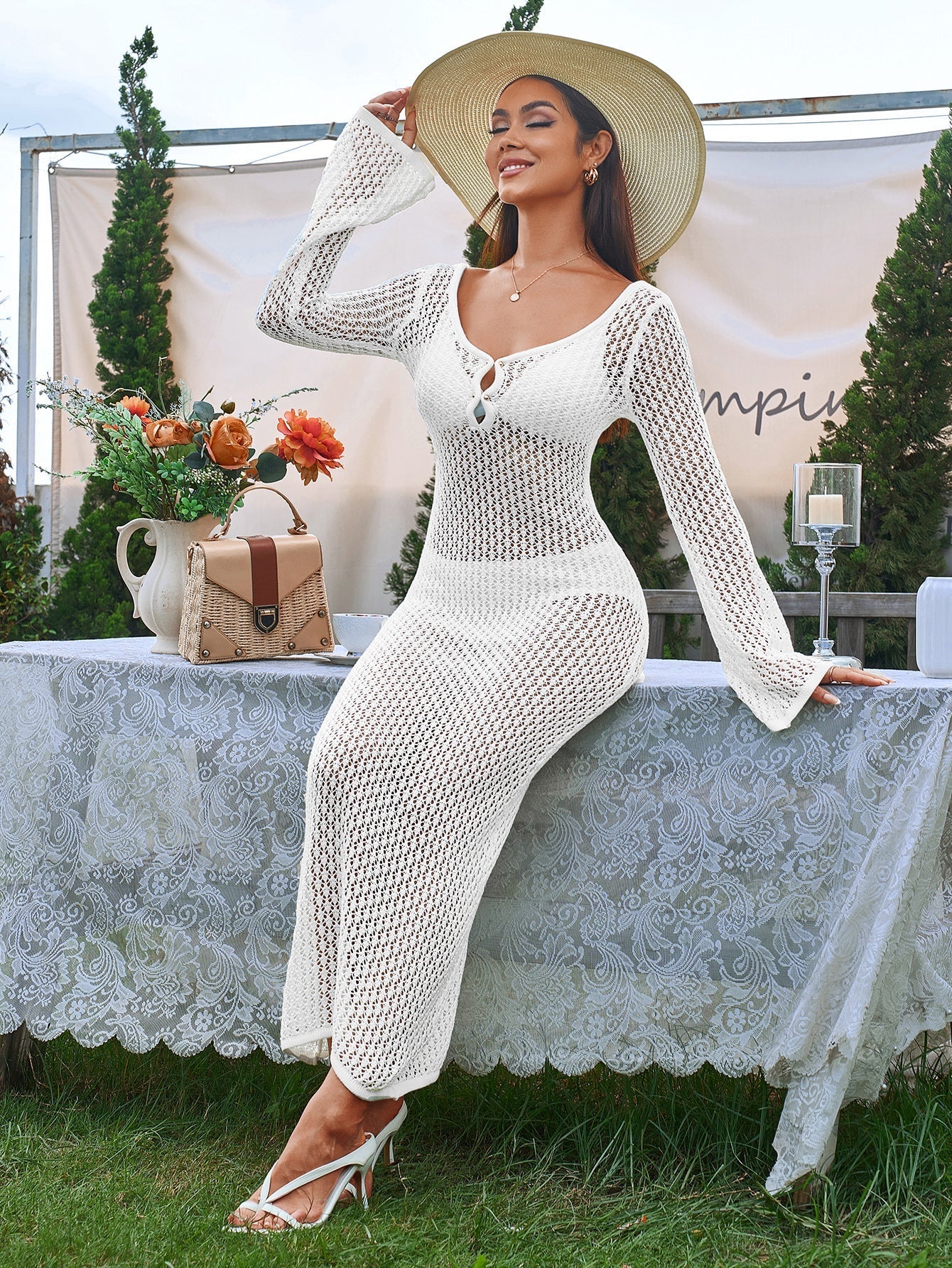White tie back knit maxi dress - View 6 | WEUXS