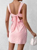 lace spliced tie backless ruched bust mini dress#color_pink