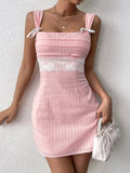 tie backless lace spliced ruched bust mini dress#color_pink