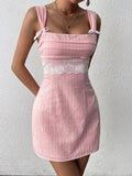 ruched bust tie backless lace spliced mini dress#color_pink