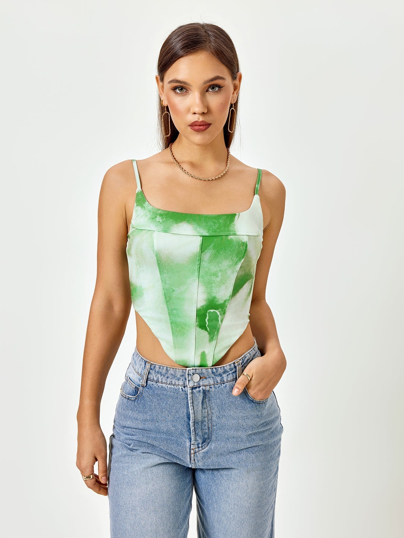 zipper backless tie dye top#color_green