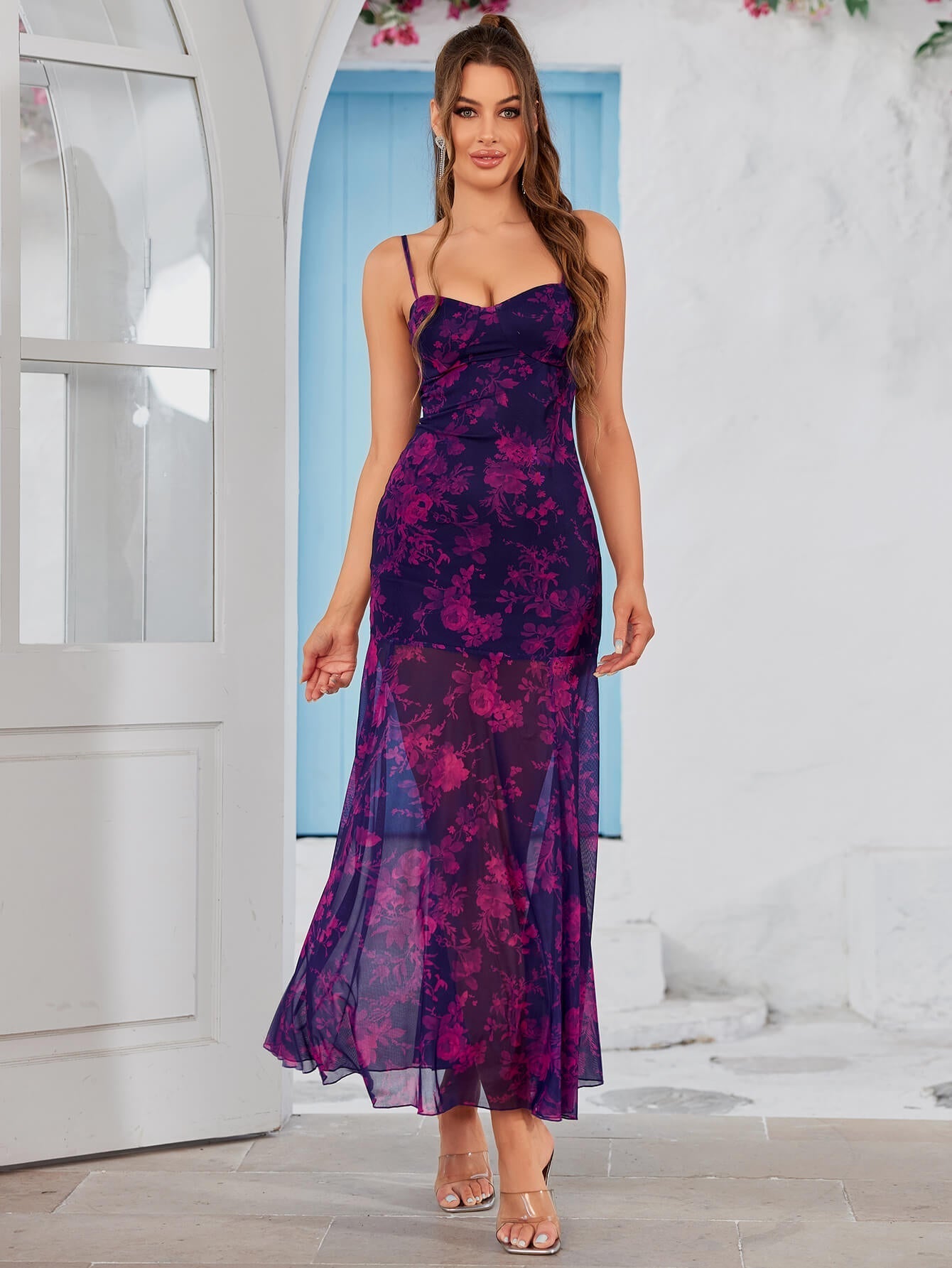tie dye ruched bust mesh backless cami dress#color_purple