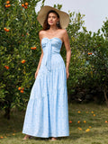 Ruched Tie Front Floral Print Tube Dress#color_bluefloral