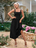 square neck shirred tie front ruched sundress#color_black