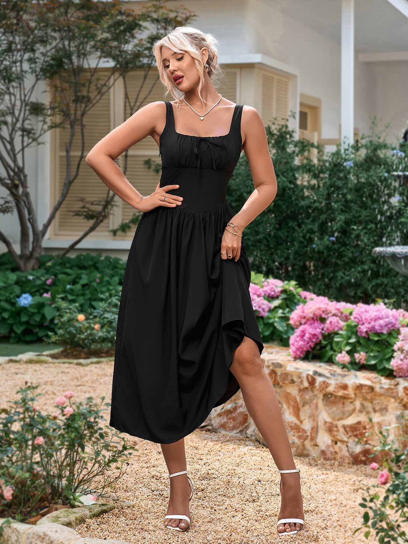 square neck shirred tie front ruched sundress#color_black