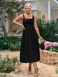 tie front square neck shirred ruched sundress#color_black