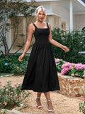 tie front shirred square neck ruched sundress#color_black