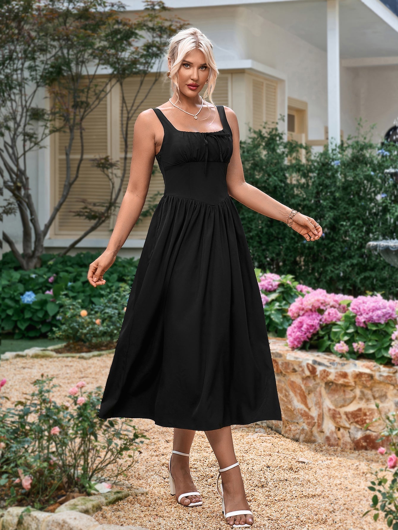 tie front shirred square neck ruched sundress#color_black