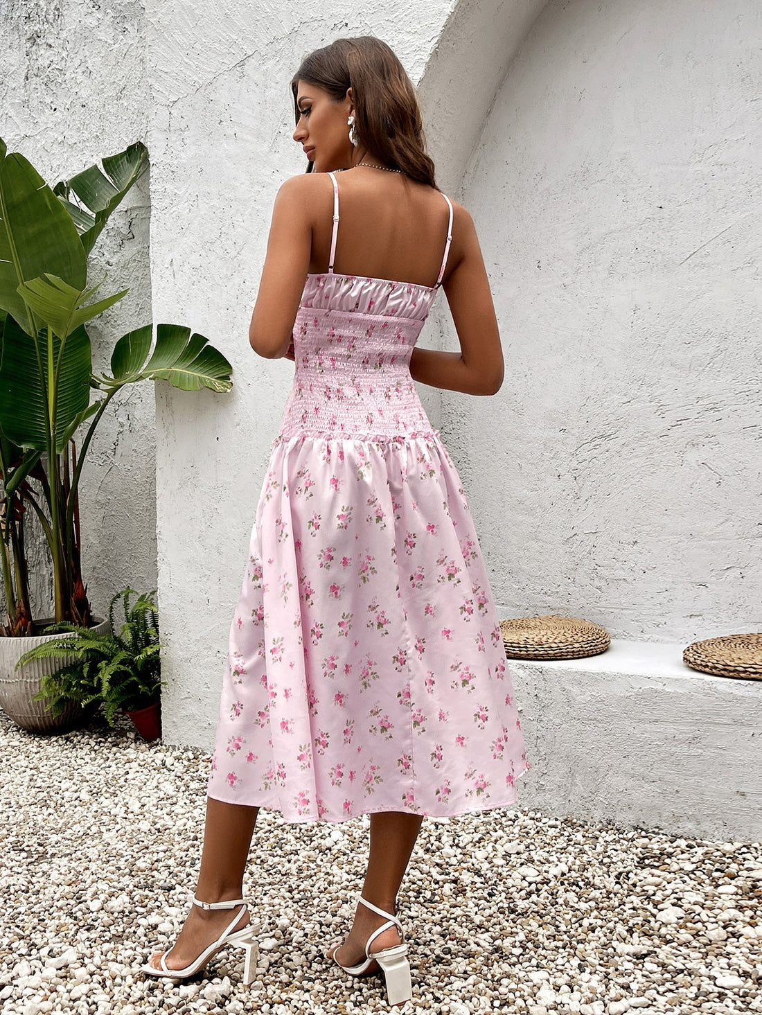 tie front waist ruched floral print cami dress#color_pf
