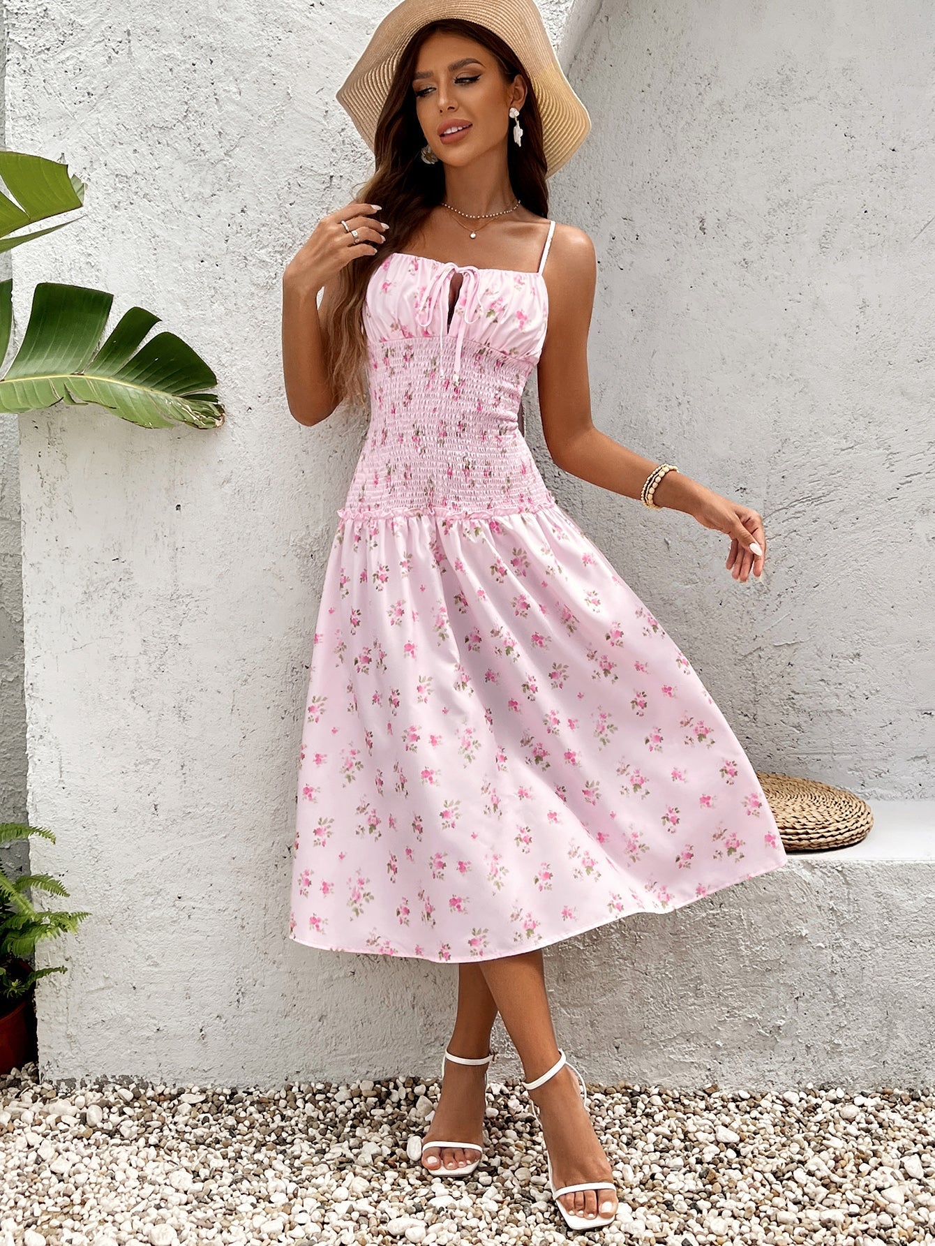 waist ruched floral print tie front cami dress#color_pf