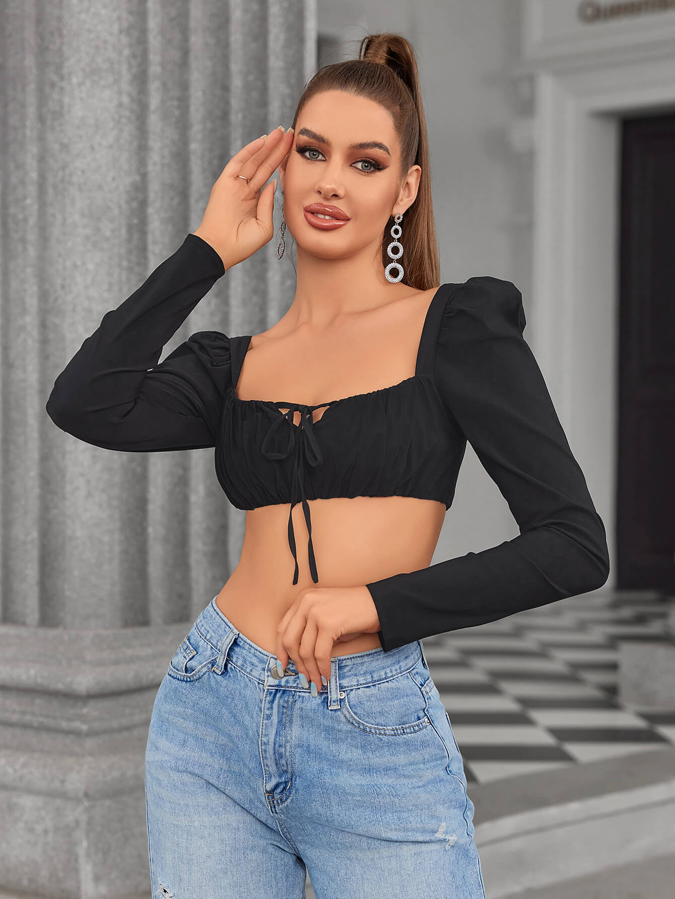Fitted long sleeve crop top with puffed shoulders and gathered tie detail - View 6 | WEUXS
