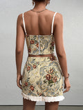 Woman wearing a yellow floral brocade mini skirt with white pleated hem.