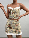 Woman wearing a yellow floral brocade cropped camisole and matching mini skirt.