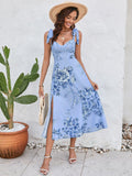 floral print tie shoulder backless slit hem dress#color_blue