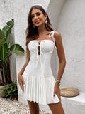 tie shoulder bow tie cut out pleated dress#color_white