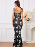 fishtail hem tie shoulder floral print prom dress#color_bkeiskei