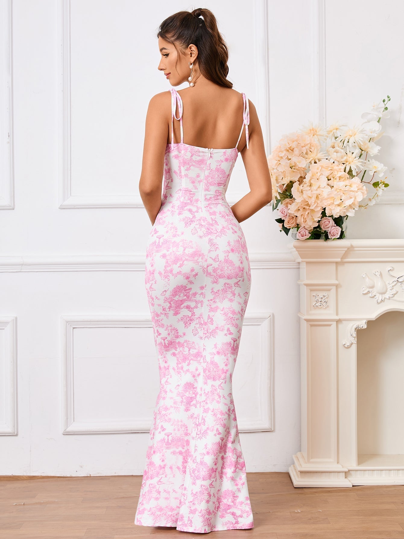 Floral Print Maxi Dress with Tie Shoulder Straps - View 62 | WEUXS