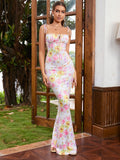 fishtail hem floral print tie shoulder prom dress#color_py