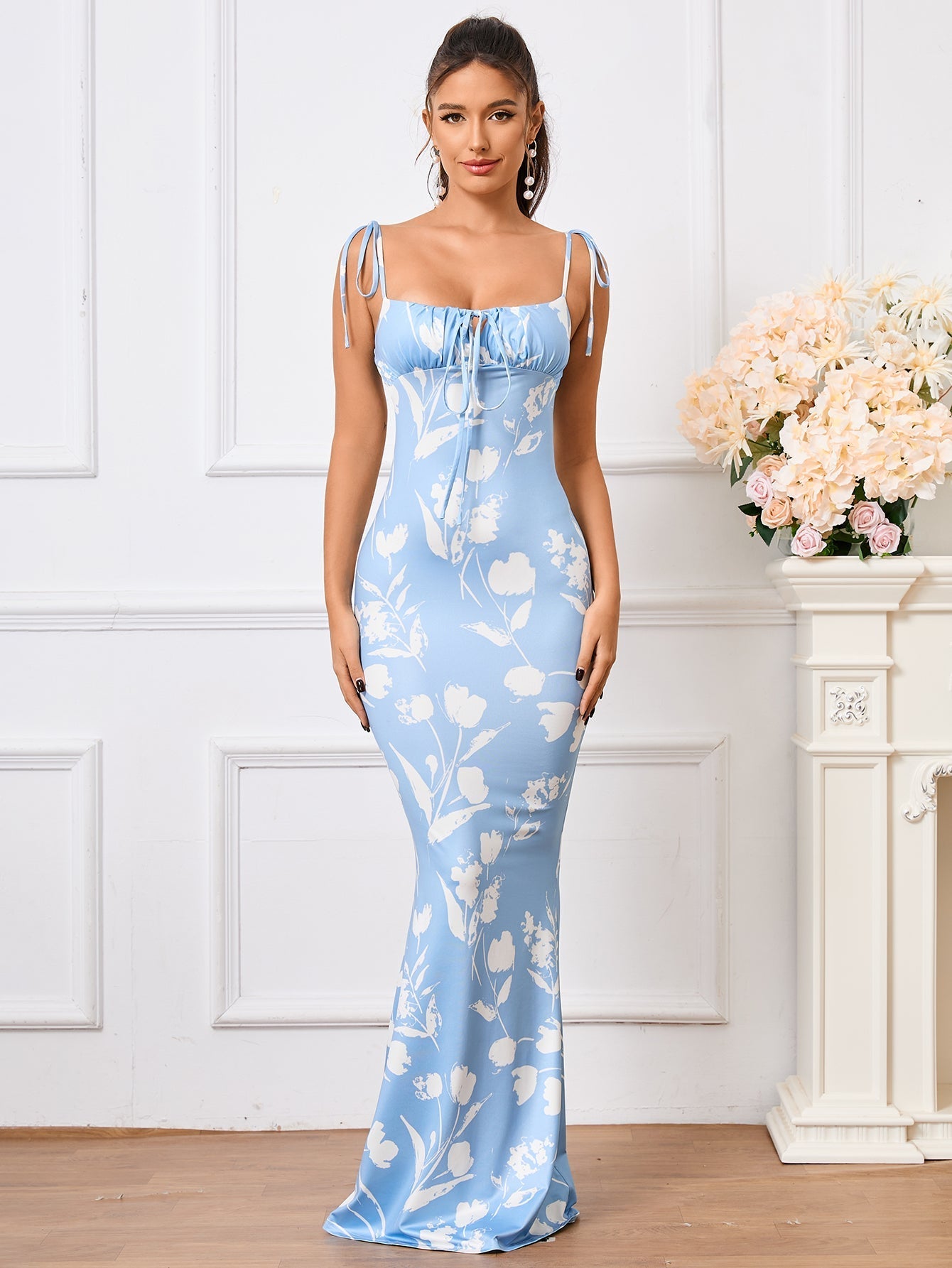 Floral Print Maxi Dress with Tie Shoulder Straps - View 59 | WEUXS