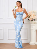 tie shoulder fishtail hem floral print prom dress#color_btulip