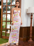 tie shoulder fishtail hem floral print prom dress#color_py