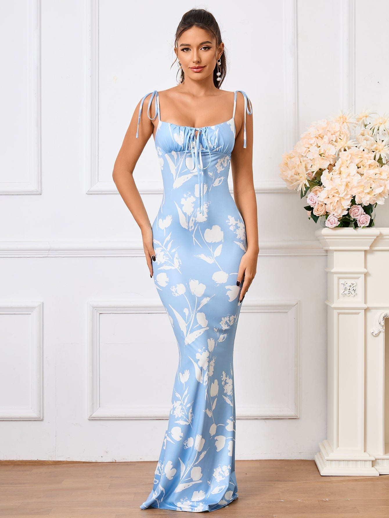 Floral Print Maxi Dress with Tie Shoulder Straps - View 58 | WEUXS