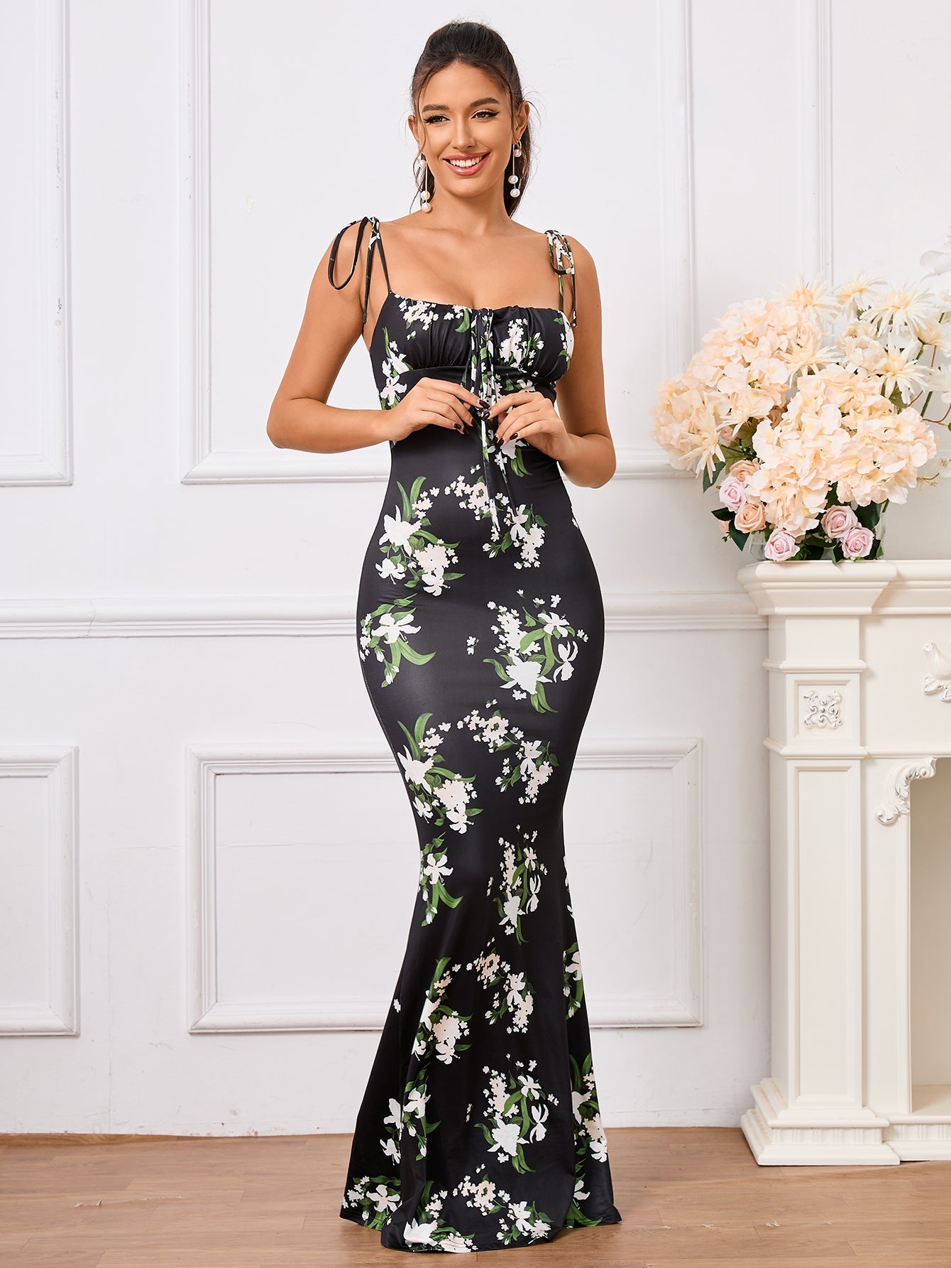 Floral Print Maxi Dress with Tie Shoulder Straps - View 51 | WEUXS
