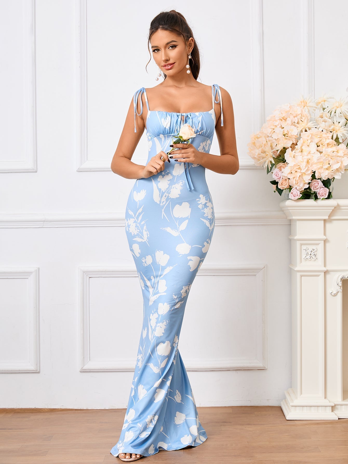 Floral Print Maxi Dress with Tie Shoulder Straps - View 57 | WEUXS