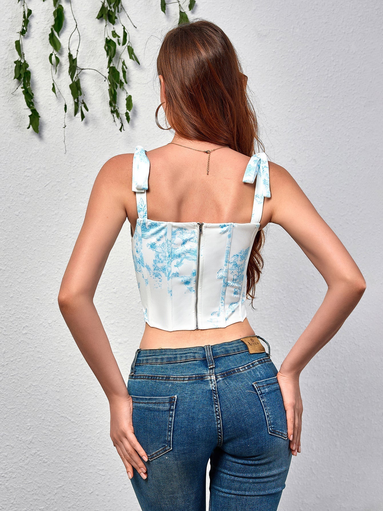Floral print corset top with tie shoulder straps - View 8 | WEUXS