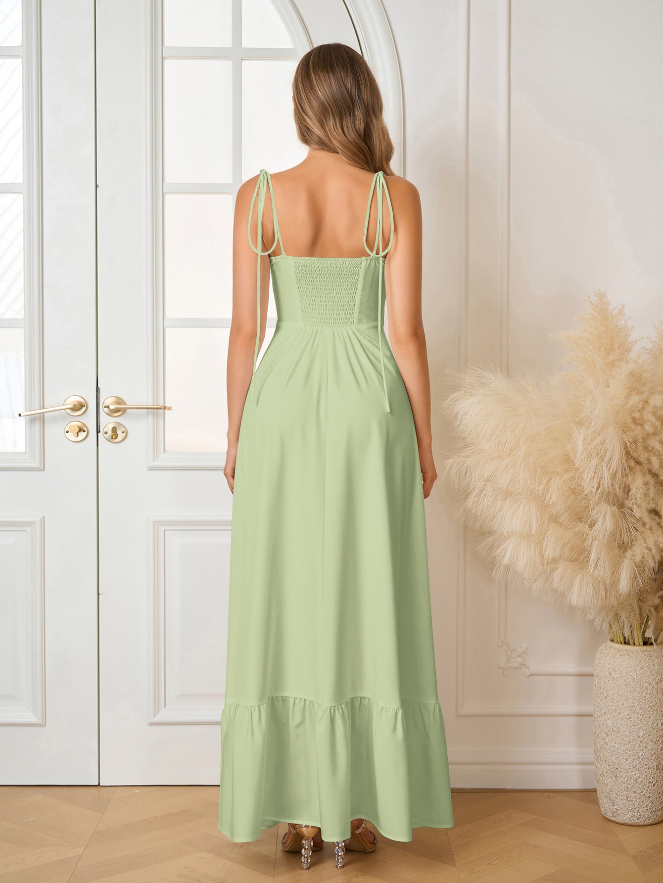 Tie Shoulder Ruched Bust Maxi Solid Dress - View 26 | WEUXS
