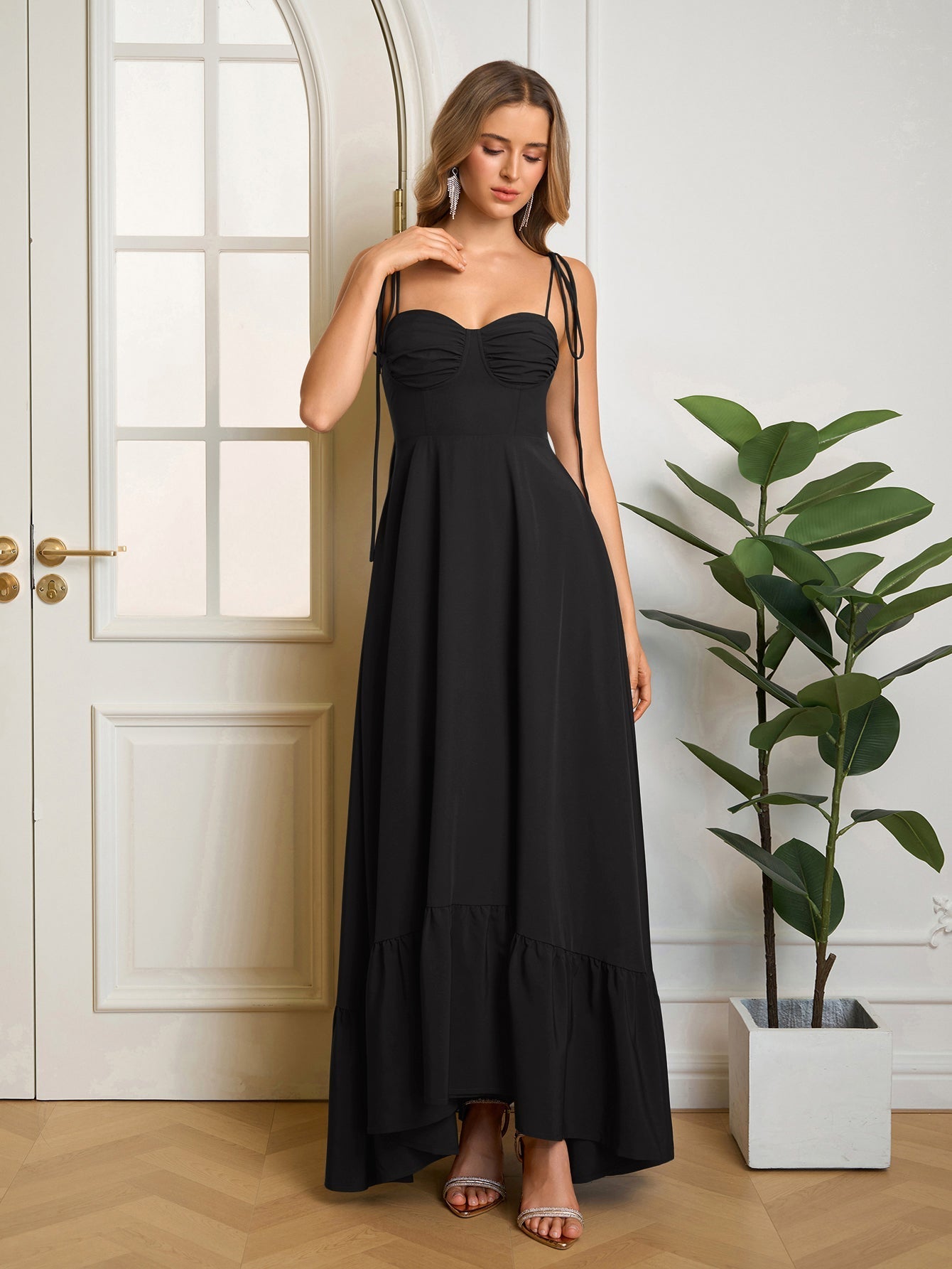 Tie Shoulder Ruched Bust Maxi Solid Dress - View 18 | WEUXS