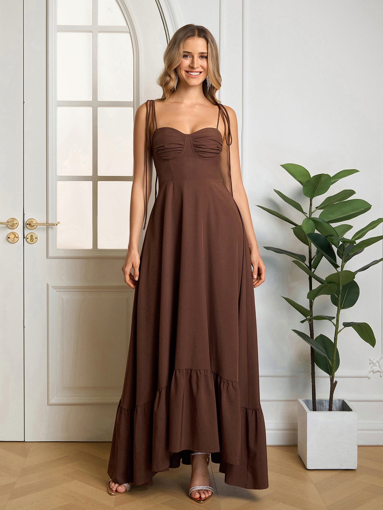 Tie Shoulder Ruched Bust Maxi Solid Dress - View 12 | WEUXS