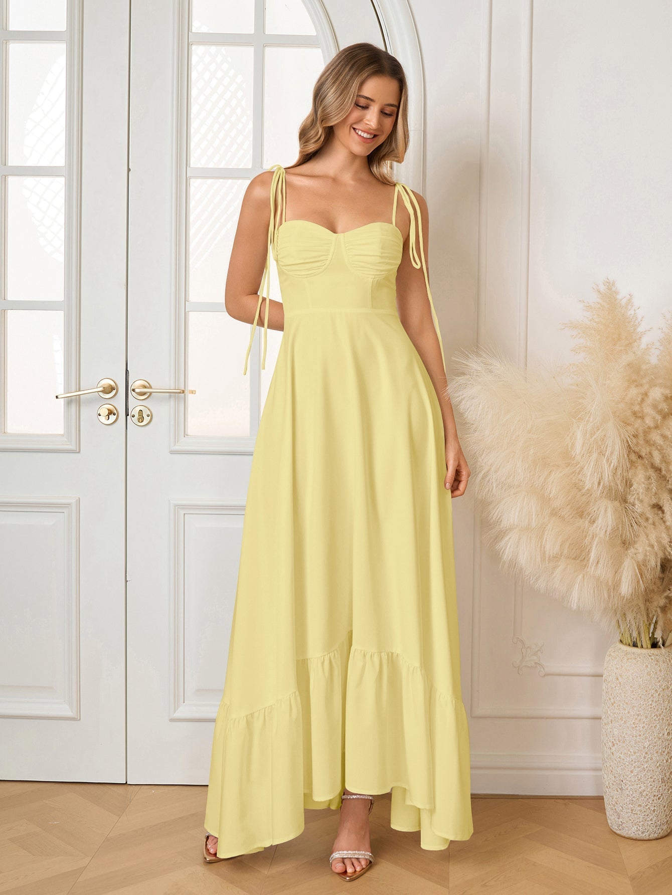 Tie Shoulder Ruched Bust Maxi Solid Dress - View 48 | WEUXS