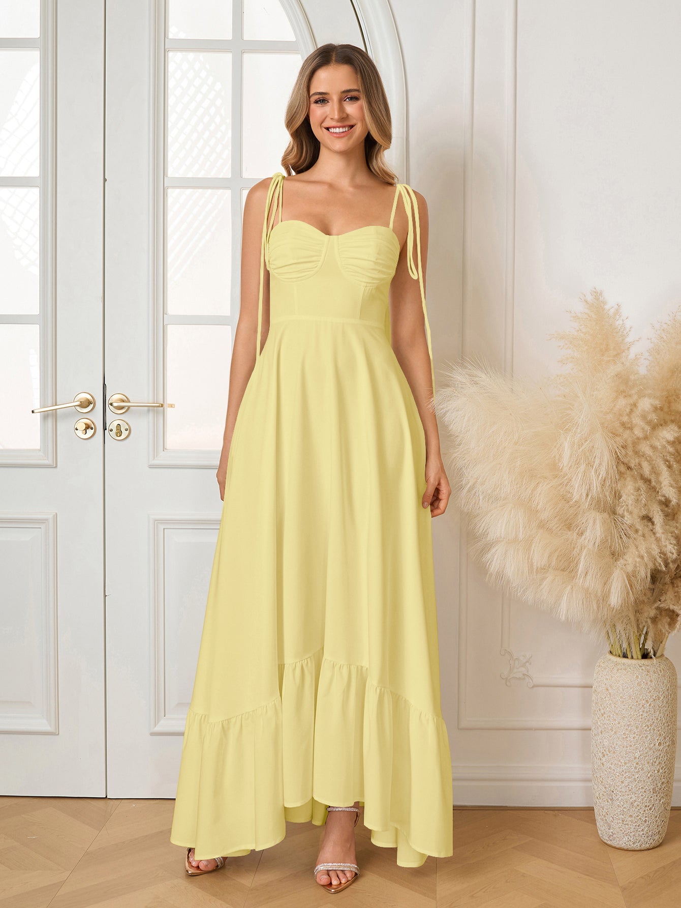 Tie Shoulder Ruched Bust Maxi Solid Dress - View 47 | WEUXS