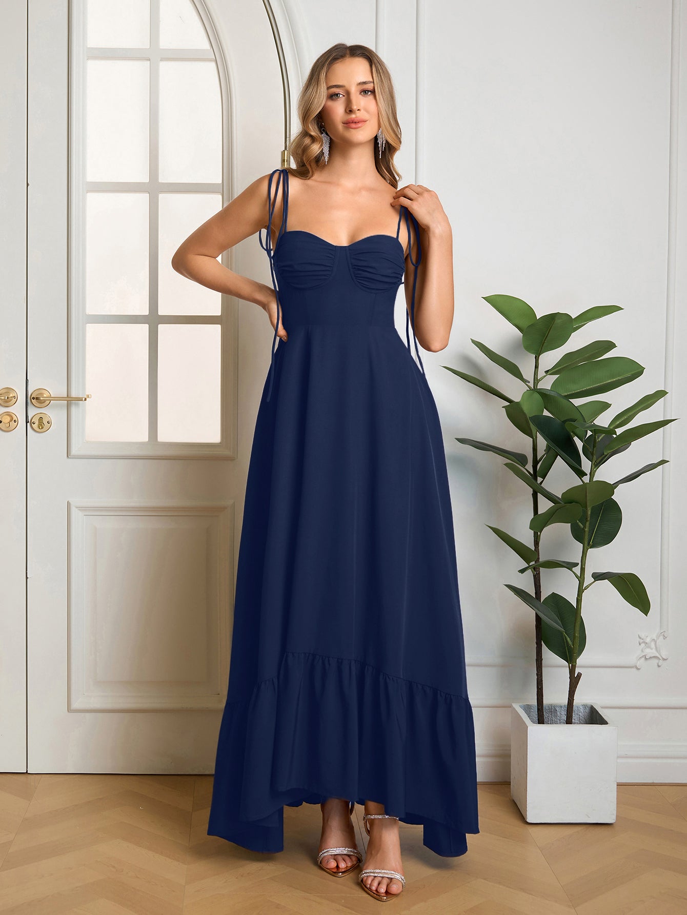 Tie Shoulder Ruched Bust Maxi Solid Dress - View 35 | WEUXS
