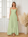 Bust Tie Shoulder Ruched Maxi Solid Dress#color_green
