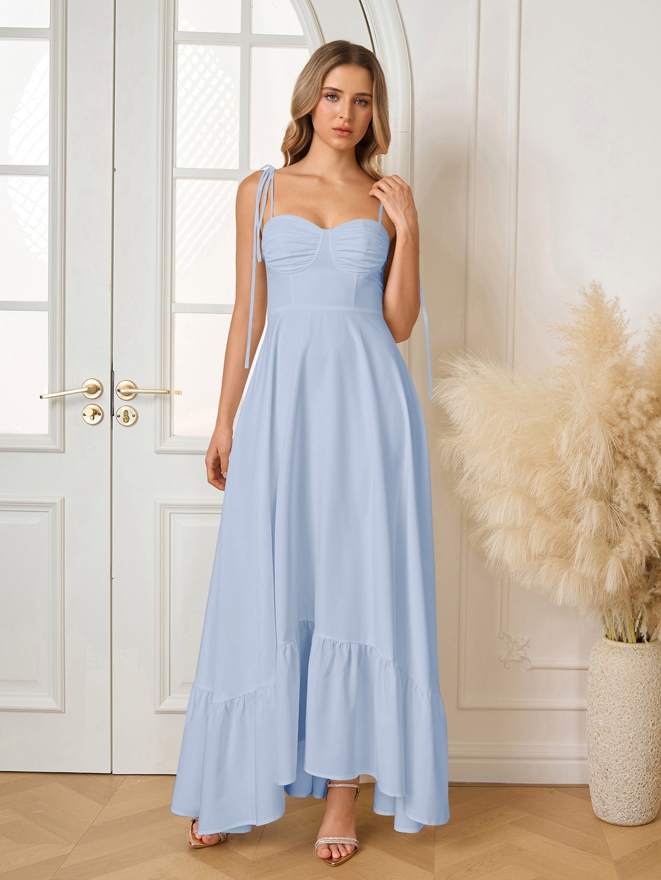 Tie Shoulder Ruched Bust Maxi Solid Dress - View 19 | WEUXS