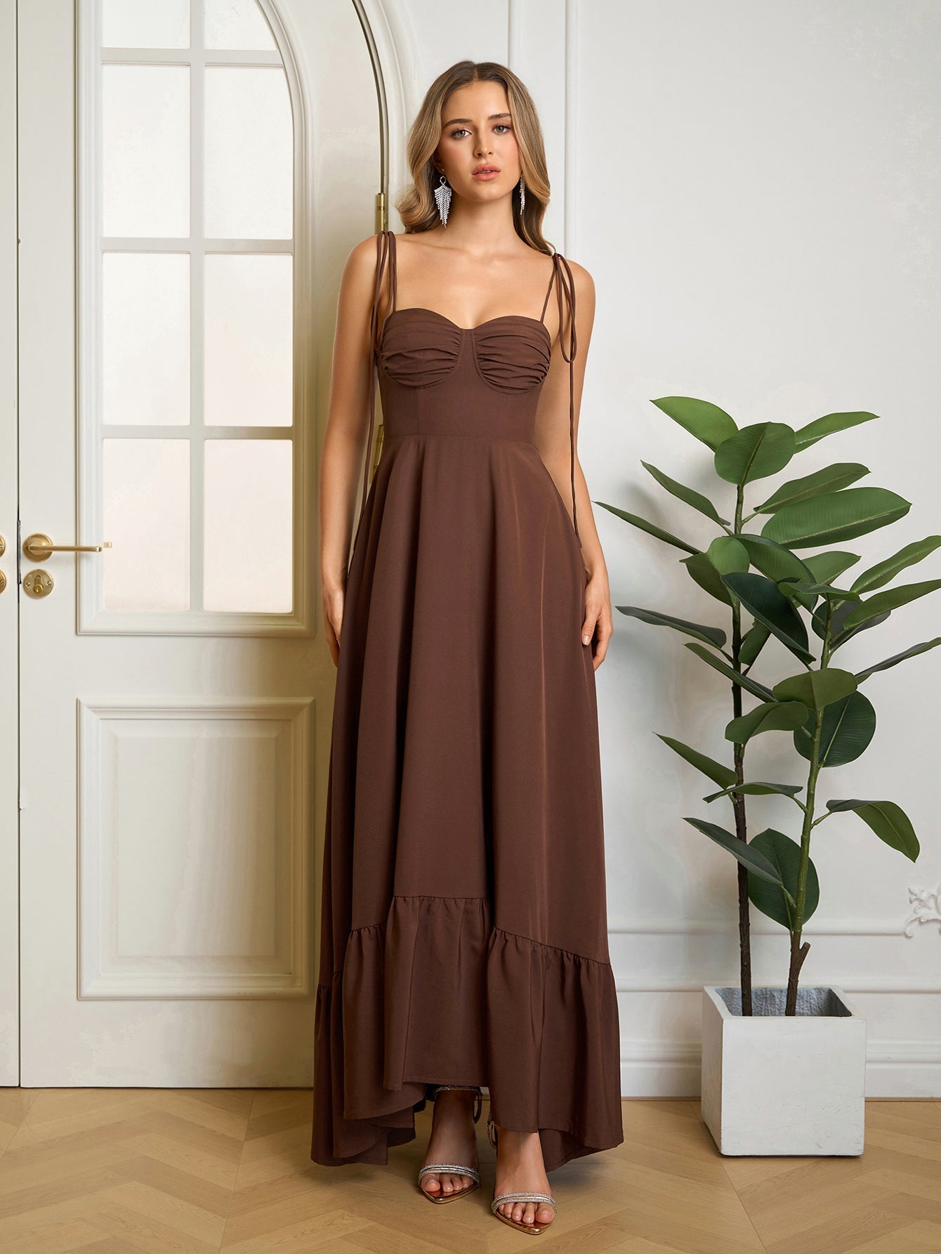 Tie Shoulder Ruched Bust Maxi Solid Dress - View 7 | WEUXS