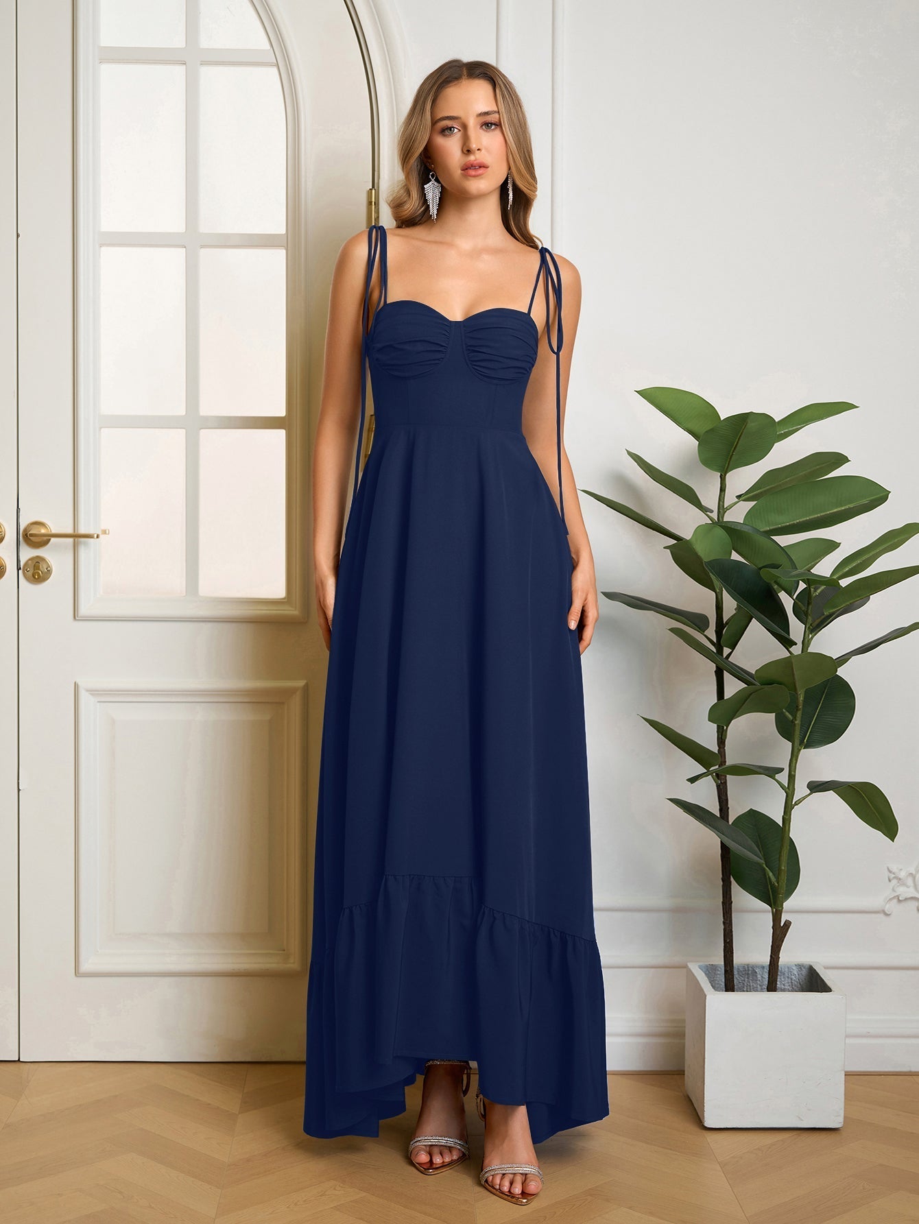 Tie Shoulder Ruched Bust Maxi Solid Dress - View 31 | WEUXS