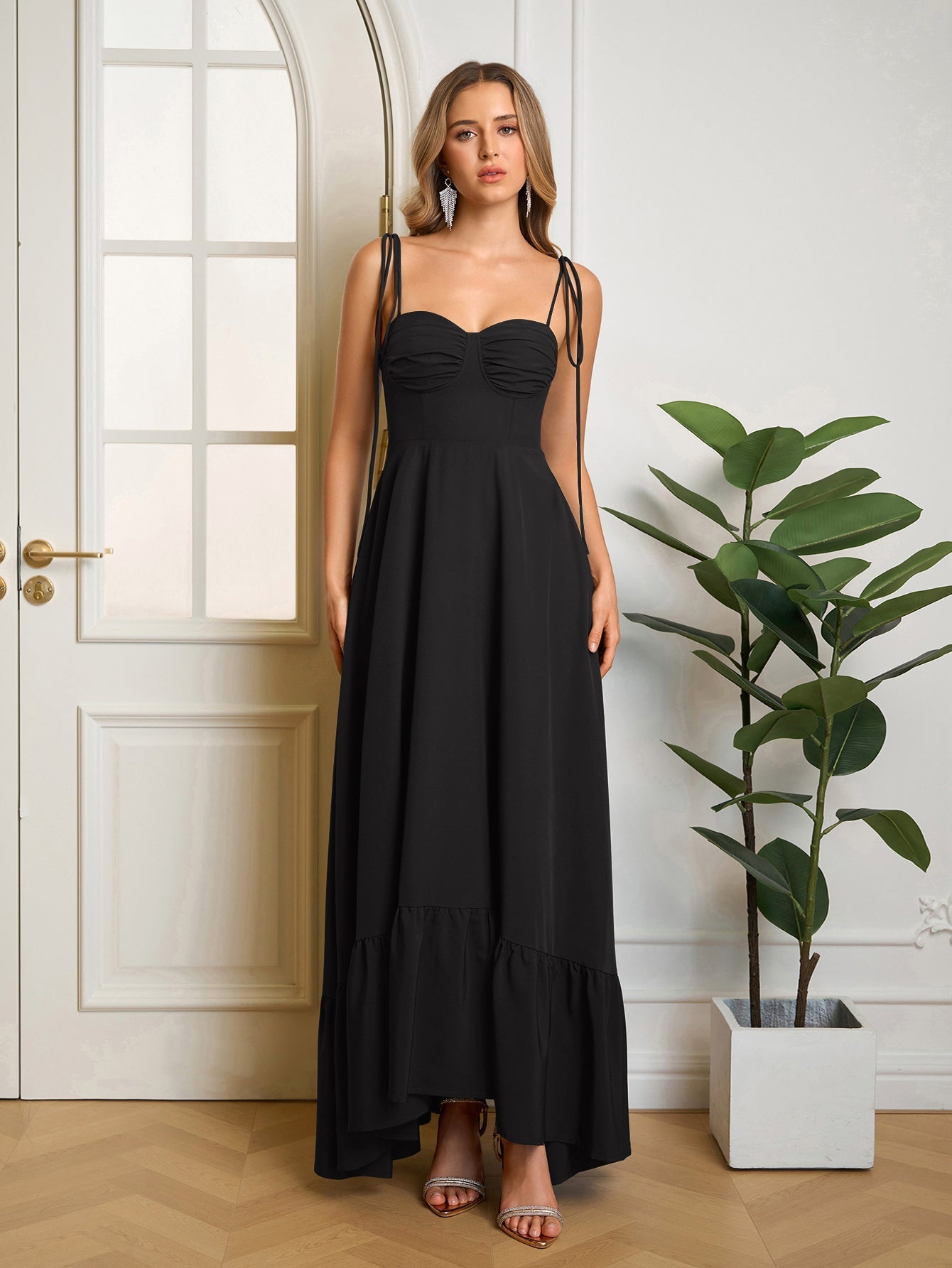 Tie Shoulder Ruched Bust Maxi Solid Dress - View 13 | WEUXS