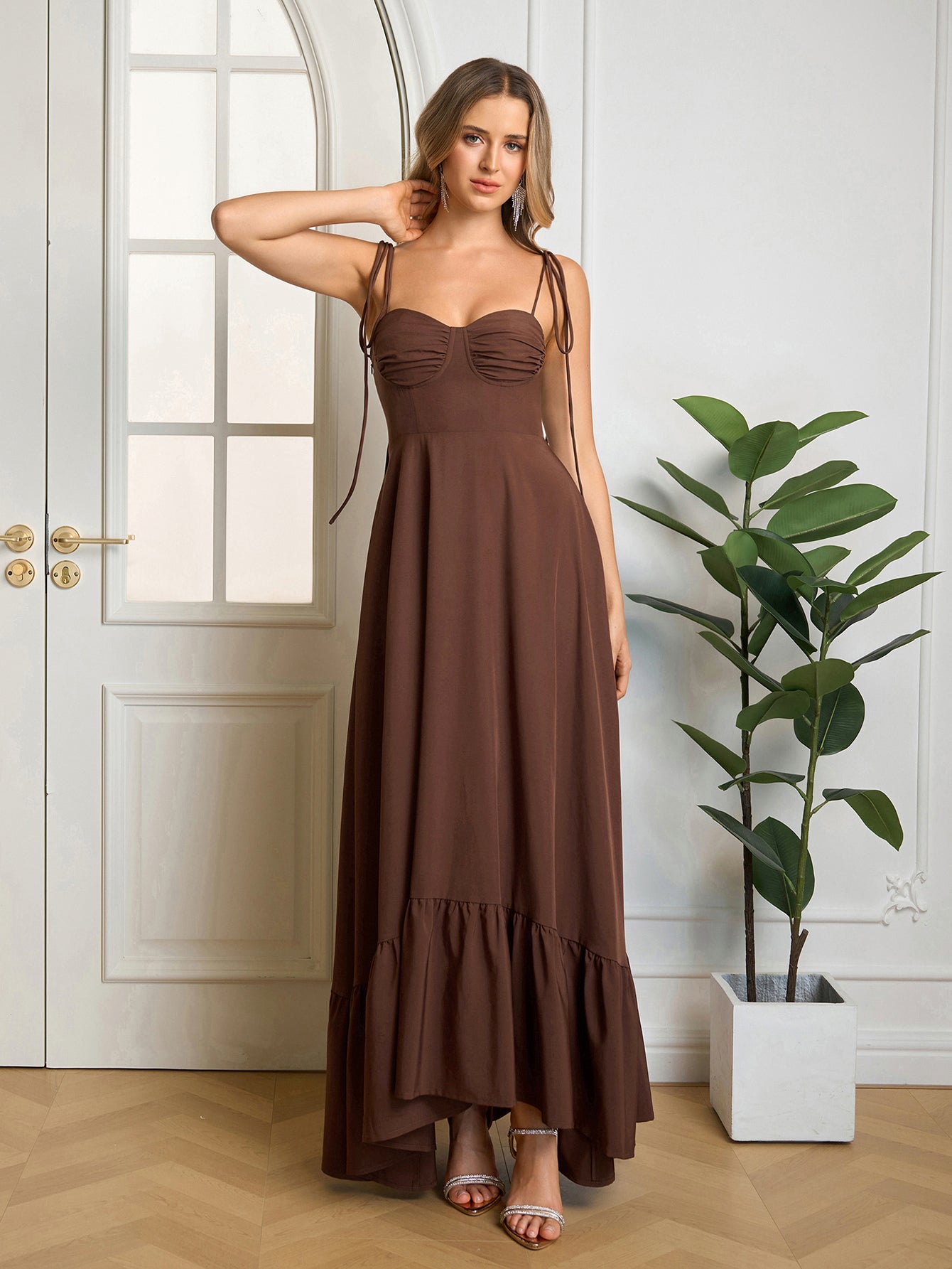 Tie Shoulder Ruched Bust Maxi Solid Dress - View 10 | WEUXS