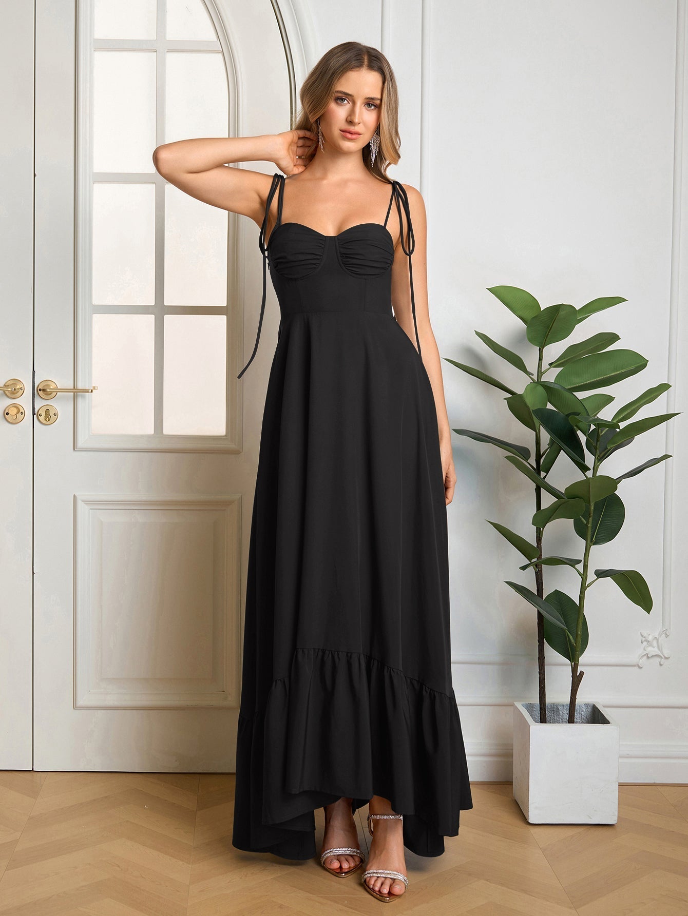 Tie Shoulder Ruched Bust Maxi Solid Dress - View 16 | WEUXS