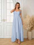 Ruched Bust Tie Shoulder Maxi Solid Dress#color_blue