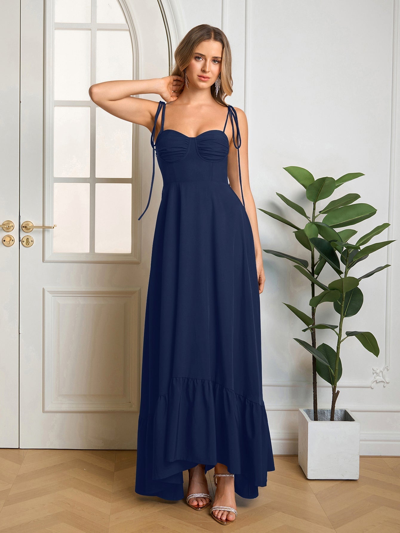 Tie Shoulder Ruched Bust Maxi Solid Dress - View 34 | WEUXS