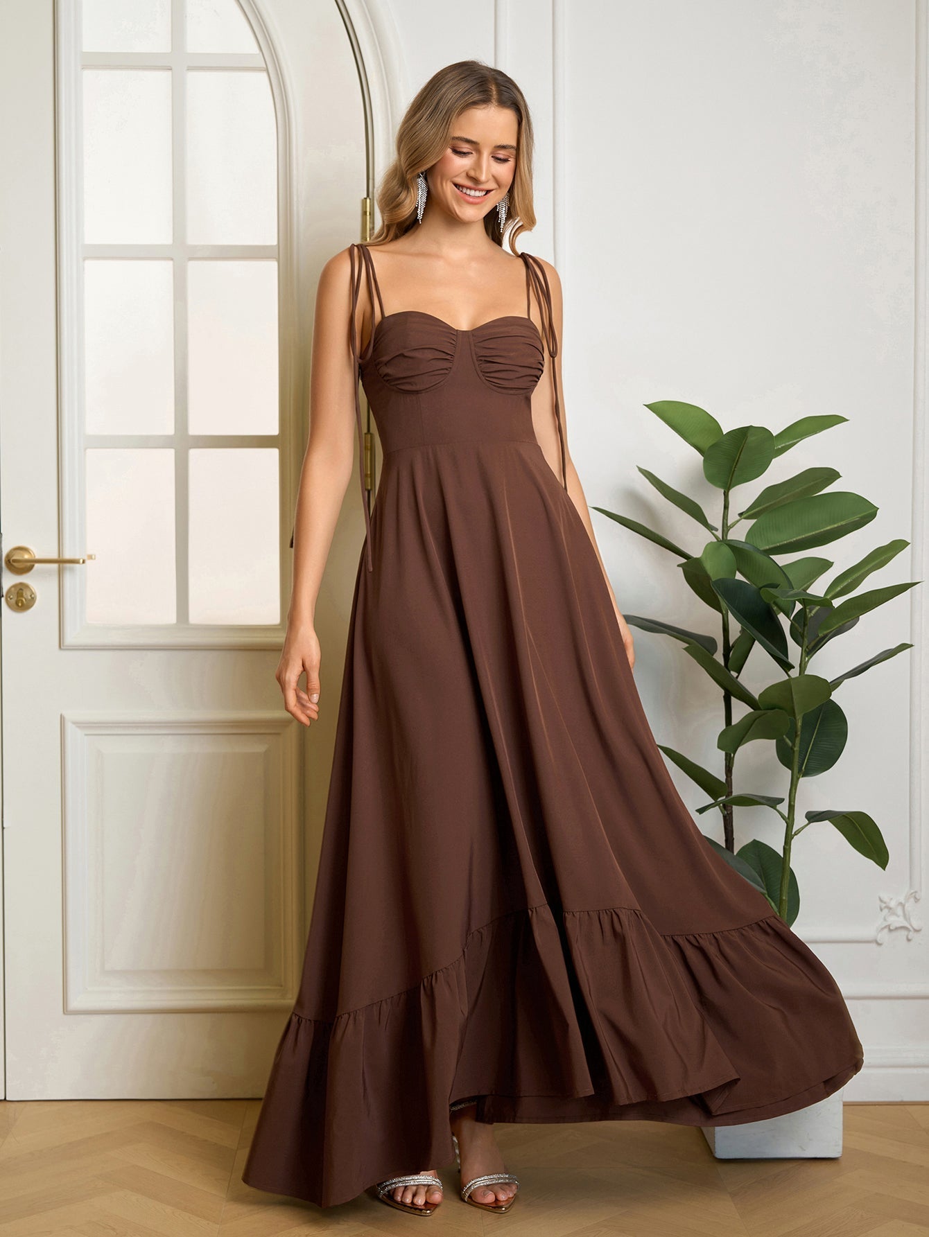 Tie Shoulder Ruched Bust Maxi Solid Dress - View 9 | WEUXS