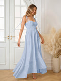 Ruched Tie Shoulder Bust Maxi Solid Dress#color_blue